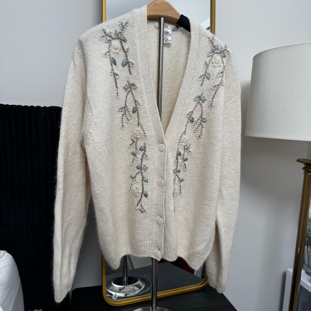 Lise J. Silk Angora Embroidered Cardigan with Pearl Detail Size L